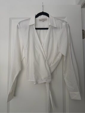 LOFT White Wrap Collared Long Sleeve Blouse with Tie